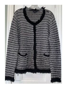 Anne Klein Black and White Striped Textured Cardigan